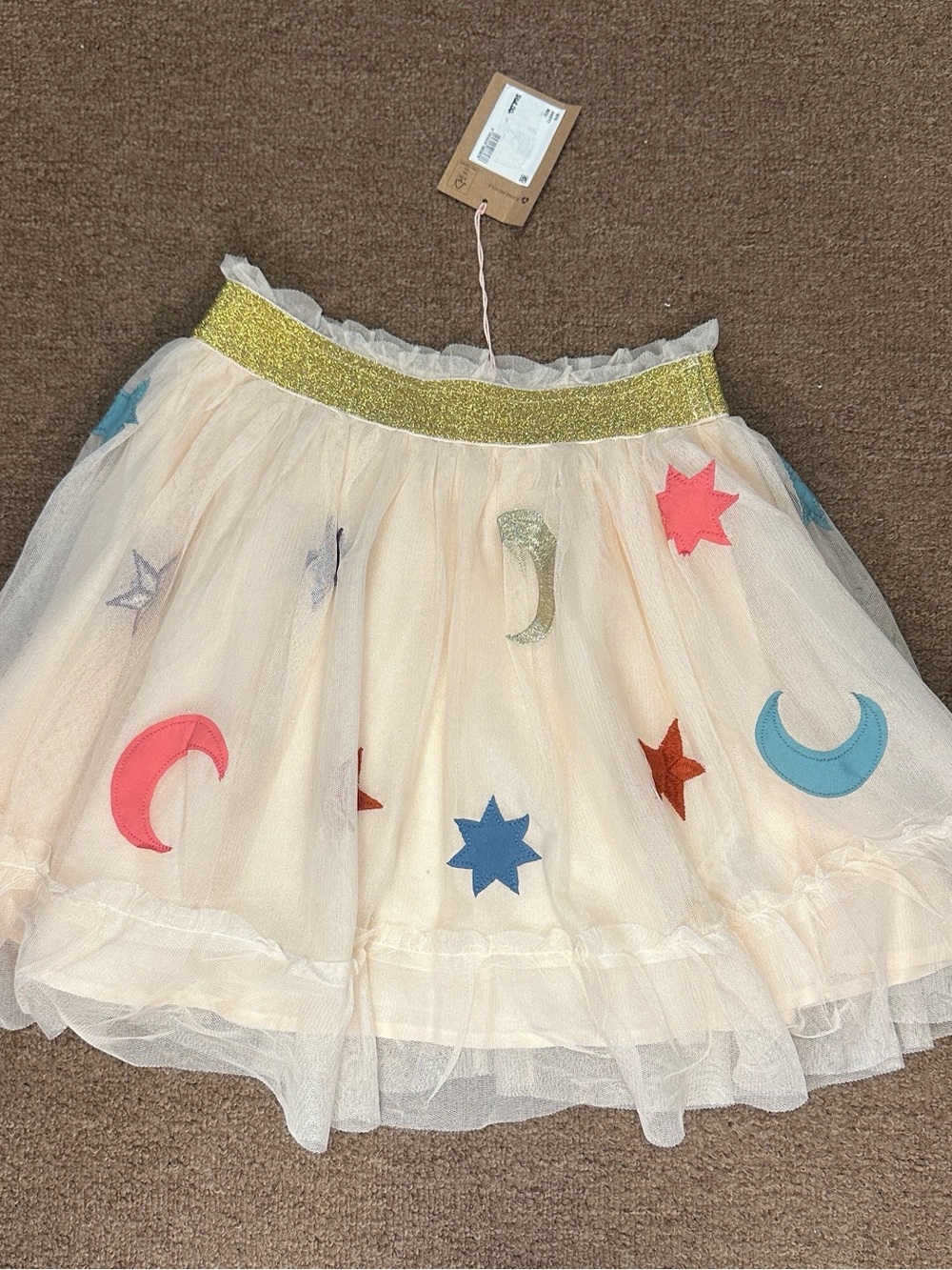 Boden Cream Tulle Skirt with Gold Waistband and Colorful Moon & Star Appliqués n
